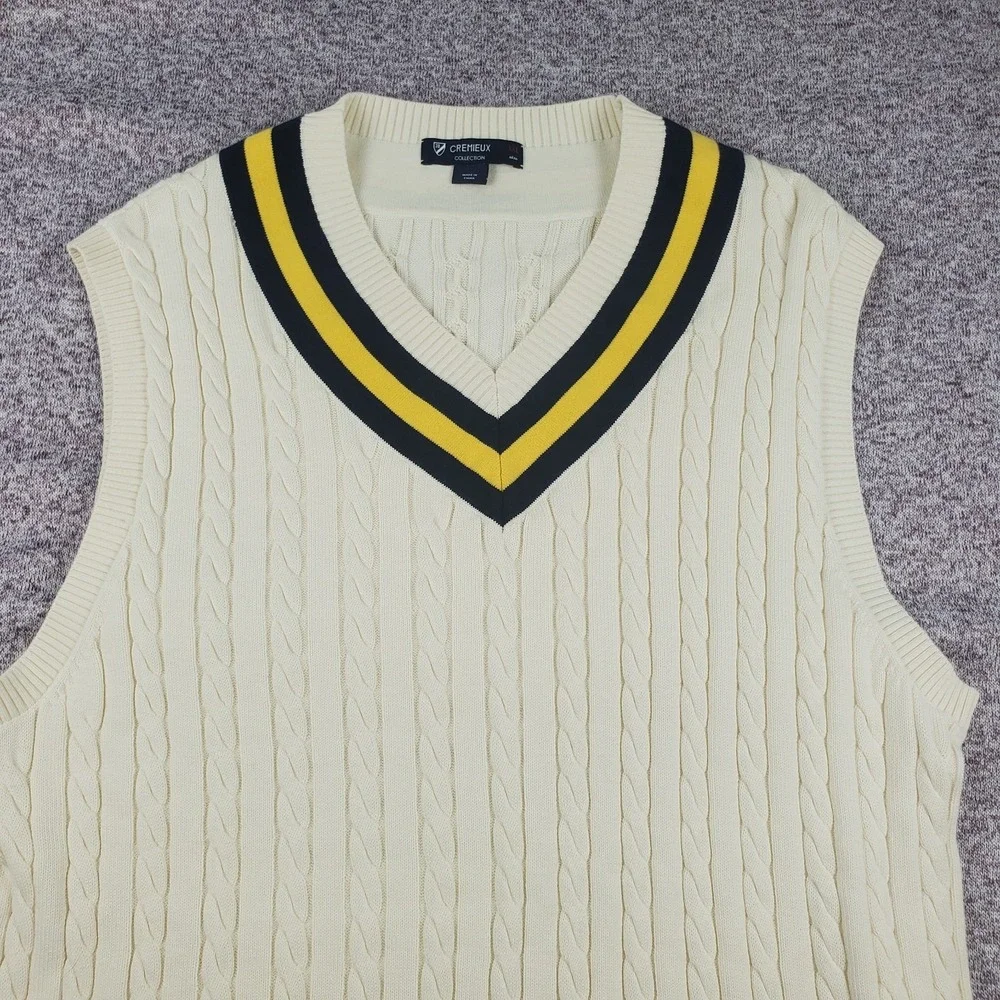Cremieux Sweater Vest Men Sz XXL Ivory Navy Cable Knit V-Neck Golf Tennis Club - Picture 2 of 8